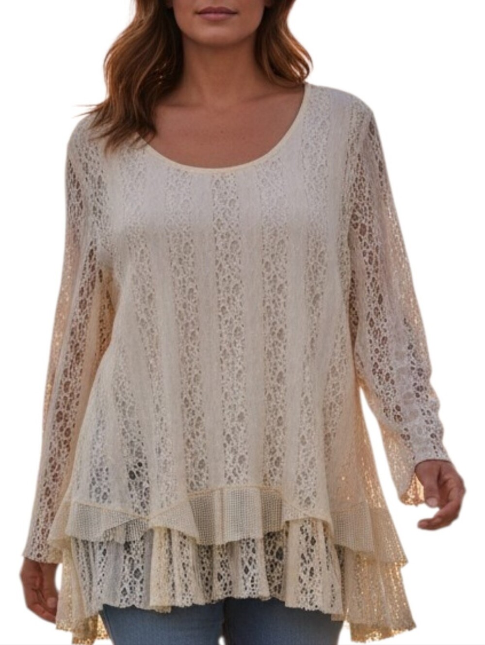 Indigo Soul Crochet Mesh Blouse Siz Large Cream Romantic Cottagecore Shabby Chic